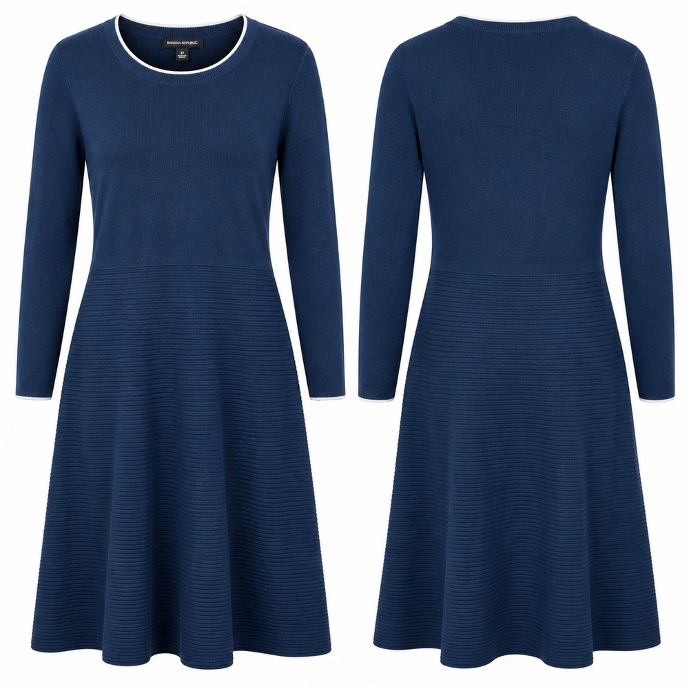 Banana Republic Womens Dress XL Knit Navy Blue Long Sleeve Fit Flare Midi Ribbed